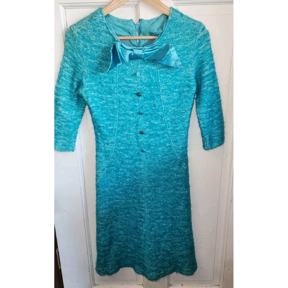Vintage 1960s Teal Shift Dress Mod Bow Detail Metal Zipper Wool Tweed XS MCM